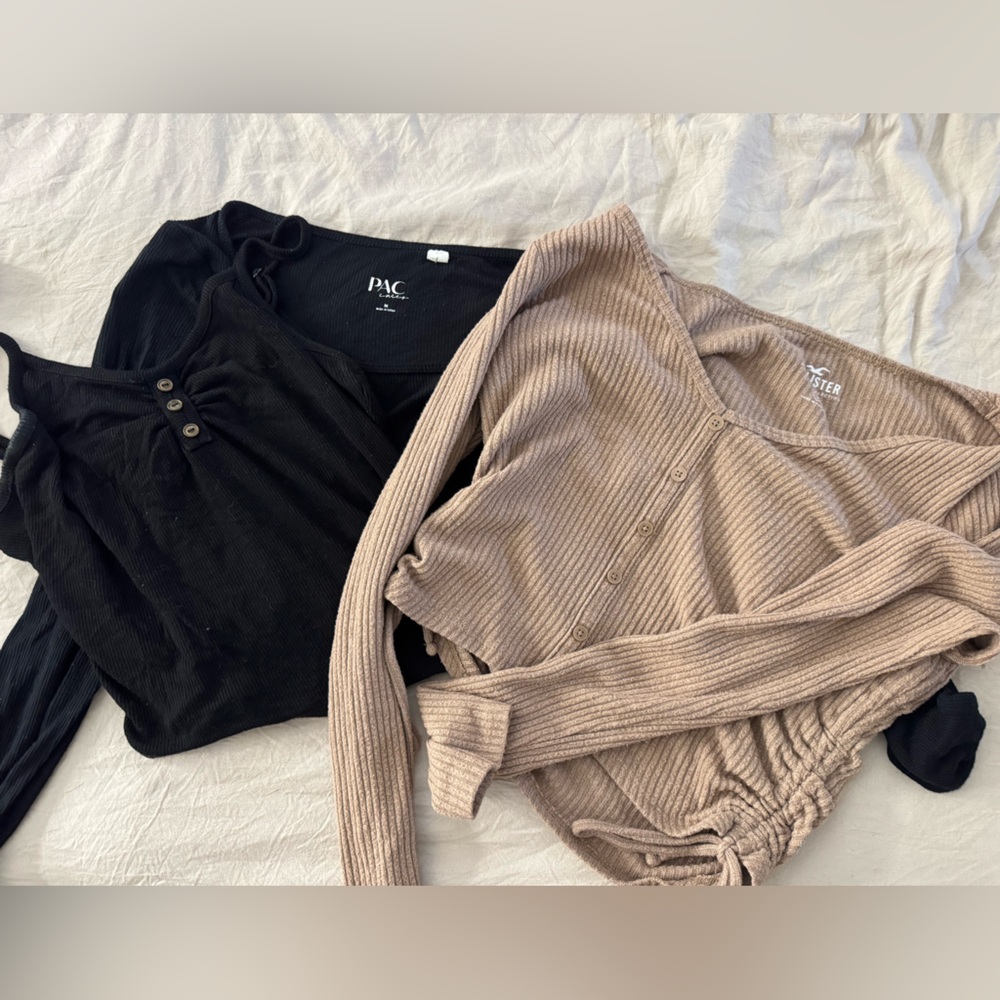 Black and Beige Ribbed Long Sleeve Tops